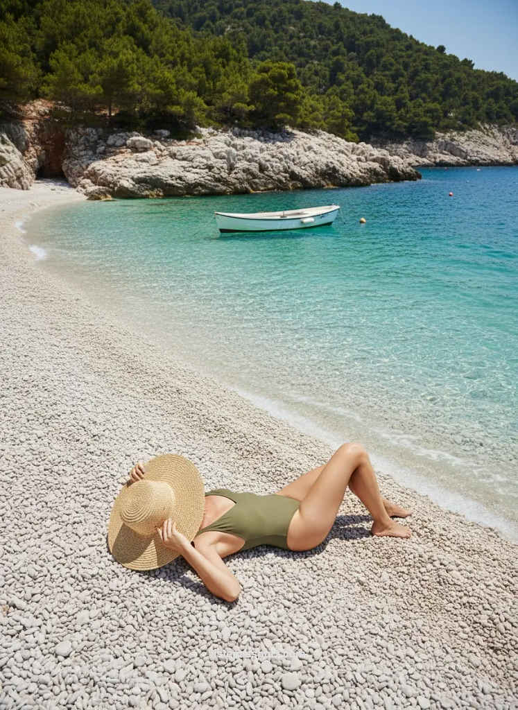 Woman sunbathing on a Croatian pebble beach with aquamarine water, limestone cliffs, and a small white boat offshore