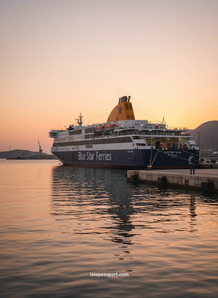 Blue Star Ferry docked at a Greek port at sunset with orange-pink sky and calm water during Mediterranean island hopping