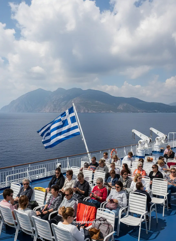 Passengers on the deck of a Greek ferry with a waving Greek flag and distant islands during a Europe island-hopping route