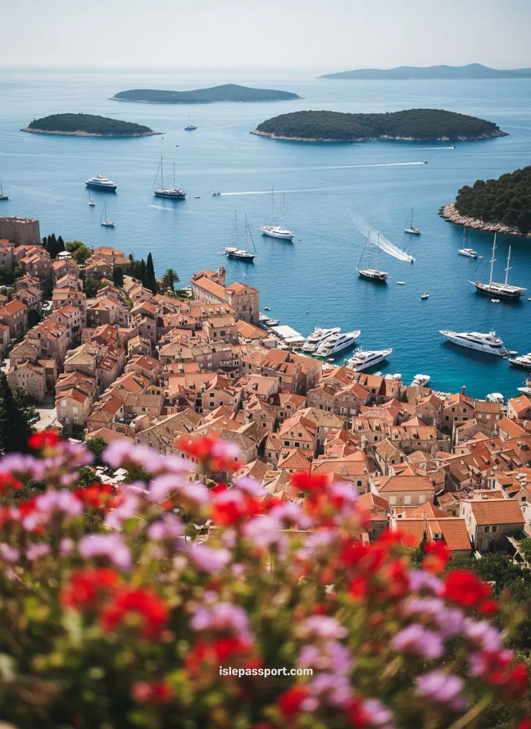 Aerial view of Hvar’s terracotta rooftops, yachts, and deep-blue Adriatic Sea during a luxury Europe island-hopping route