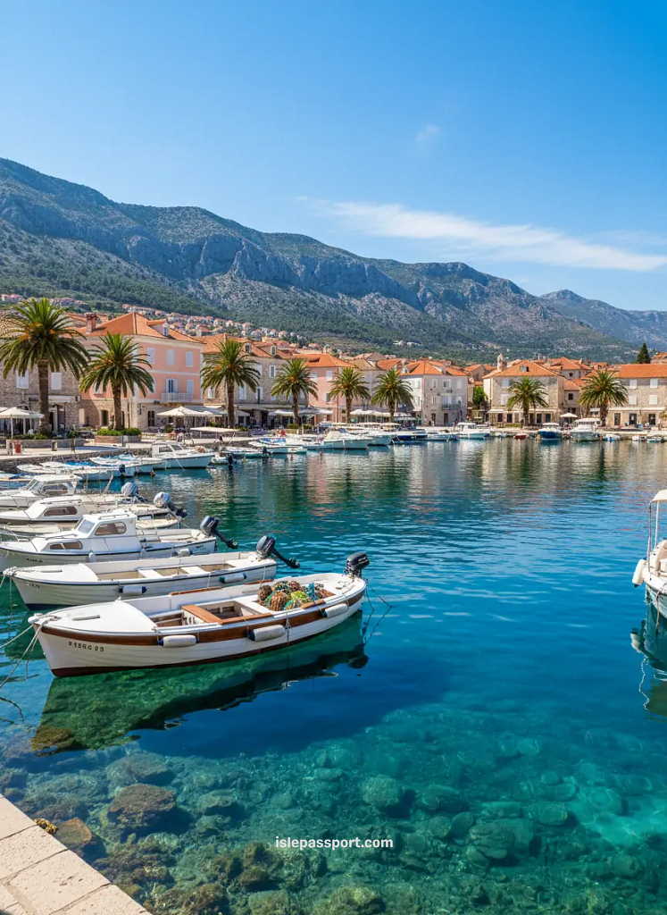 Hvar harbor with pastel buildings, clear Adriatic water, and moored boats during a Mediterranean island-hopping route