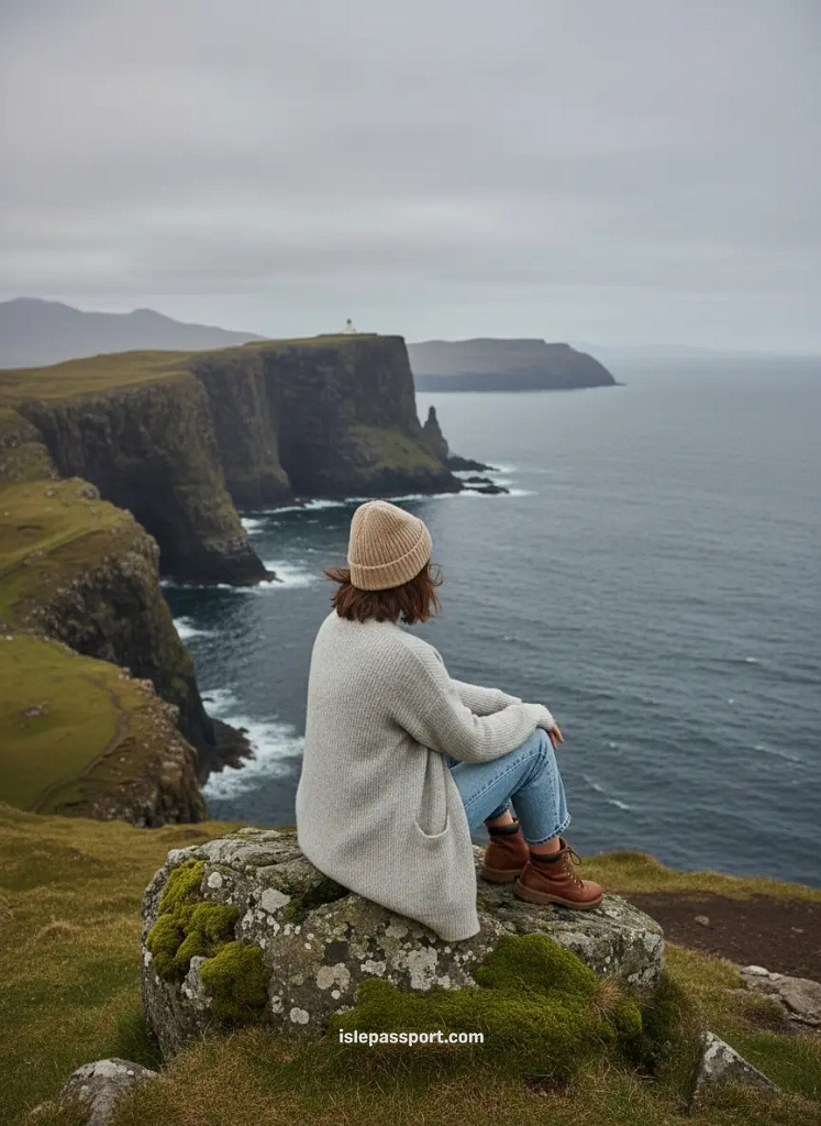 Woman sitting on a mossy rock overlooking Neist Point cliffs on the Isle of Skye with dramatic basalt headlands and North Atlantic views