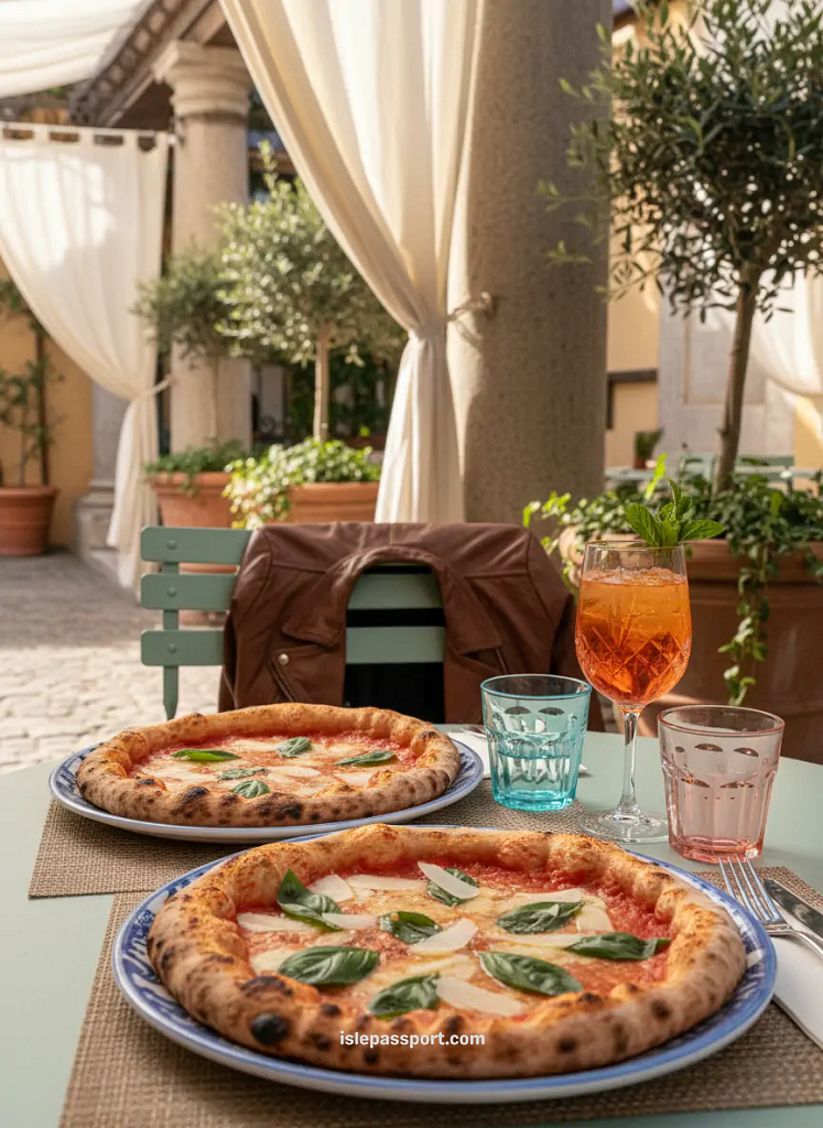 Italian outdoor café table with Neapolitan pizzas, basil, Parmigiano, Aperol spritz, and Mediterranean ceramic plates in bright midday light