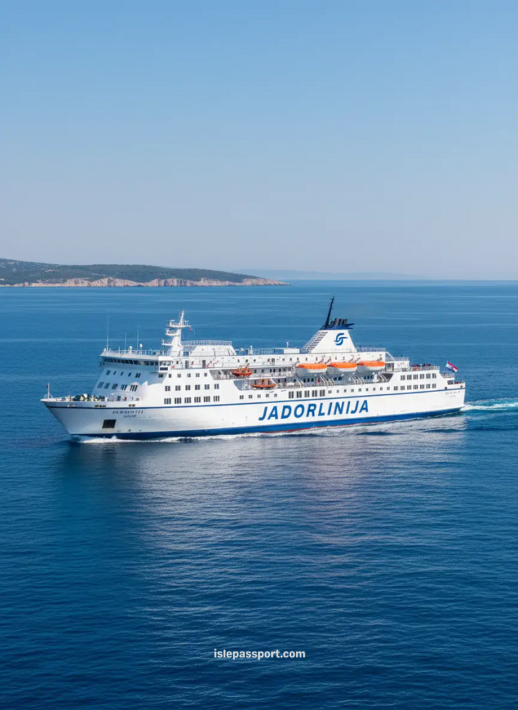 Large Jadrolinija ferry cruising across calm Adriatic waters on a long-distance European island-hopping route