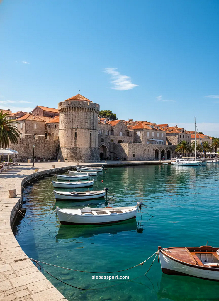 Korčula Old Town waterfront with medieval stone buildings, towers, and clear Adriatic water on a Europe island-hopping route