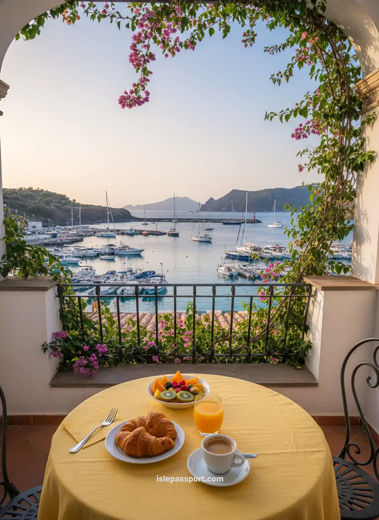 Mediterranean breakfast on a Lipari balcony with harbor views, boats, fruit, espresso, and bougainvillea framing the scene