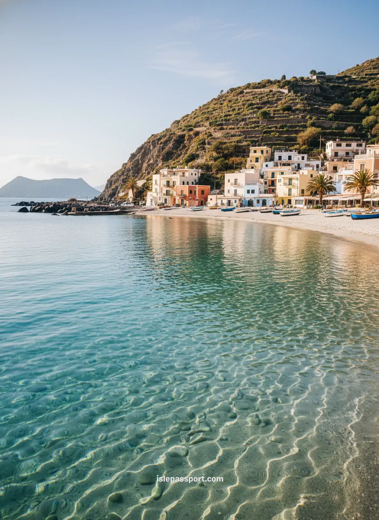 Lipari white-sand beach with transparent turquoise water, boats on shore, and pastel seaside village below rocky hills