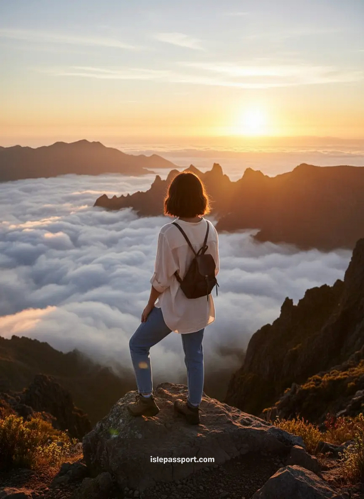 woman standing on Pico do Arieiro ridge above a sunrise cloud inversion with dramatic mountains