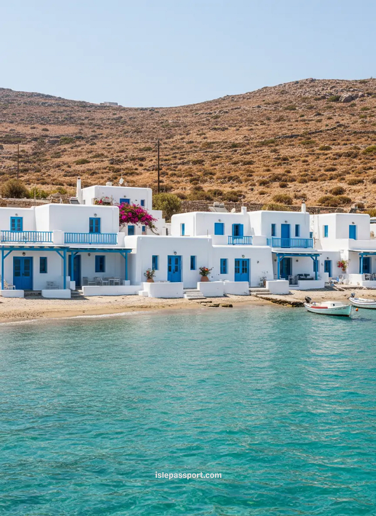Milos shoreline with Cycladic beach houses, blue doors, calm turquoise water, and rocky hills in a minimalist Greek island scene