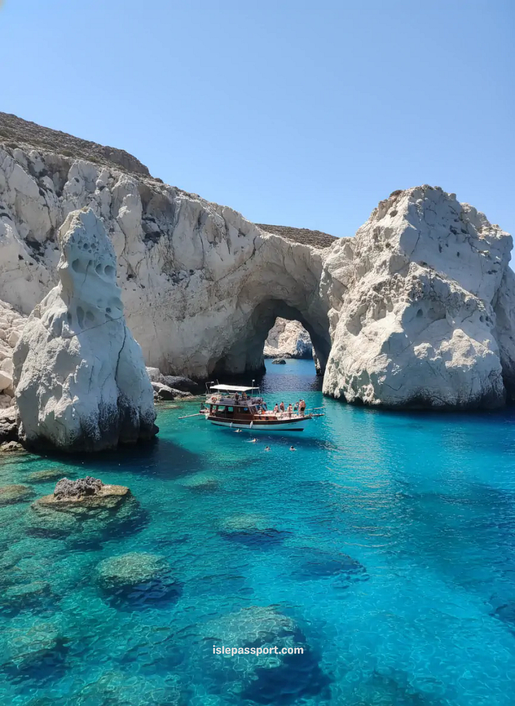 Boat floating in the turquoise lagoon at Kleftiko Caves, Milos, surrounded by white volcanic rock arches and crystal-clear Mediterranean water