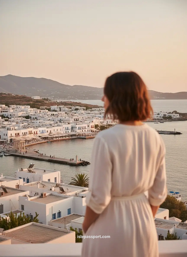 woman overlooking Naxos Chora at sunset with whitewashed houses and golden-pink sky