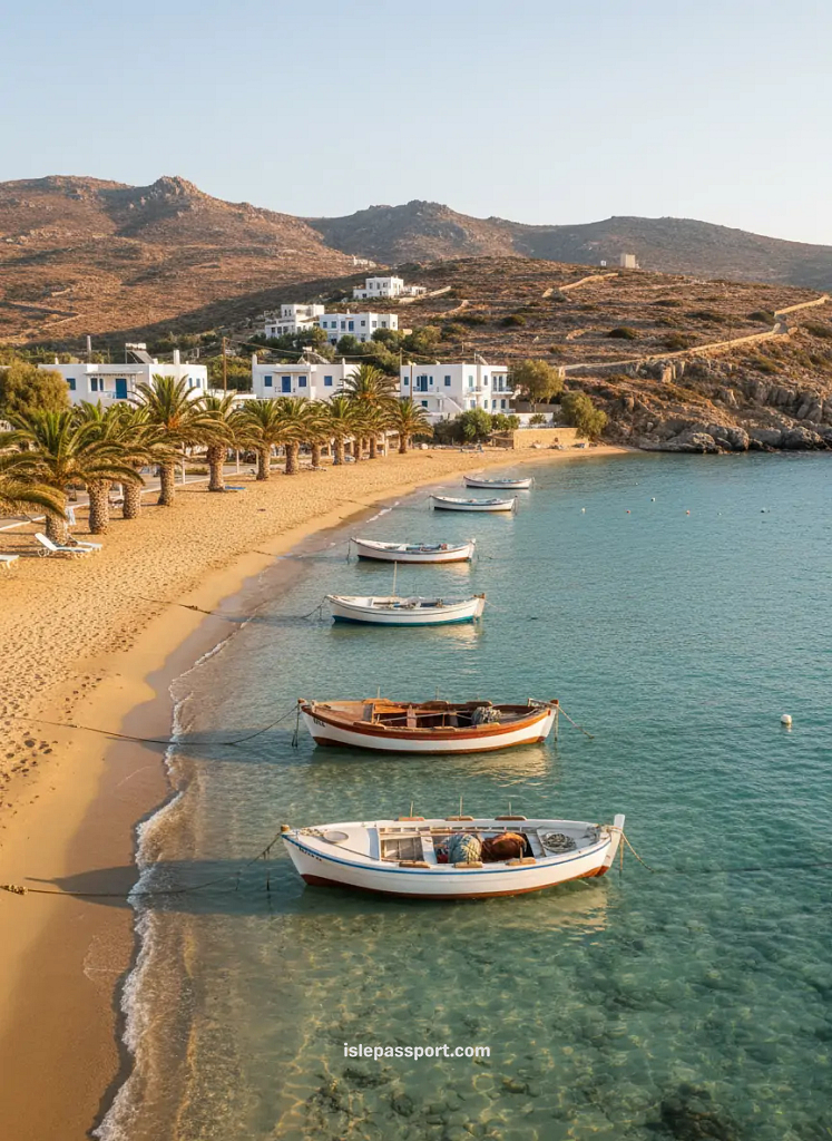 Quiet Naxos beach with fishing boats, turquoise shallows, palm trees, and Cycladic white houses in a serene island setting