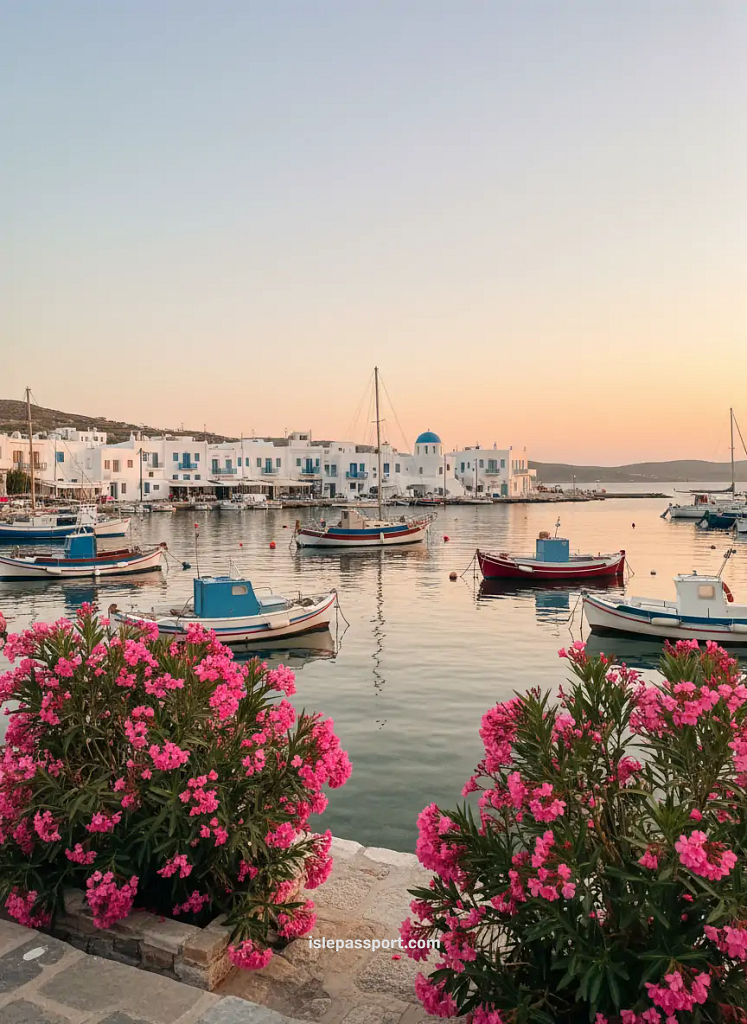 Paros marina at sunset with fishing boats, pink flowers, Cycladic buildings, and pastel evening sky on a Greek island-hopping trip