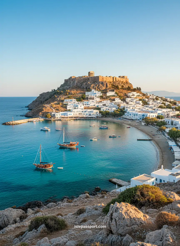 Turquoise Lindos Bay beneath the ancient Acropolis on Rhodes with whitewashed houses and Mediterranean cliffs