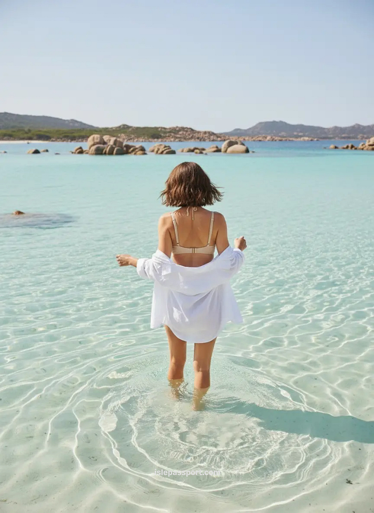 Woman walking into a crystal-clear shallow lagoon at La Maddalena with granite boulders and turquoise Mediterranean water