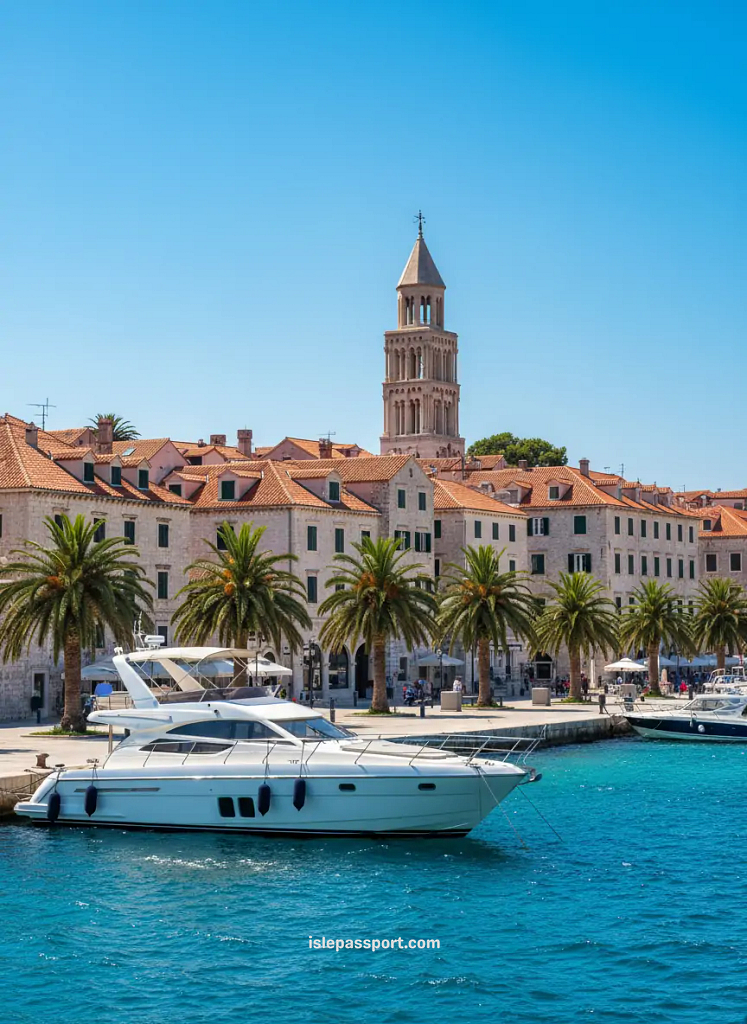 Split harbor with a yacht, palm-lined promenade, and Saint Domnius bell tower during an Adriatic island-hopping route
