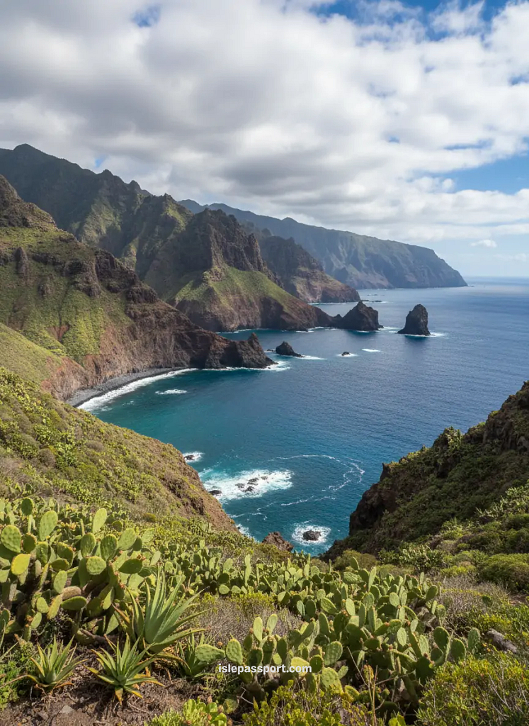 Volcanic Taganana coastline in Tenerife with jagged mountains, cactus plants, and deep-blue Atlantic views during Europe island hopping