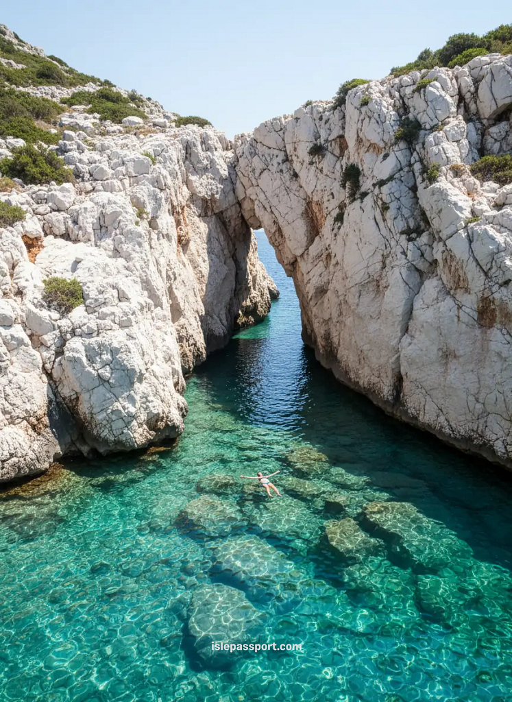 Secluded Pritišćina Cove on Vis Island with clear turquoise water, dramatic white cliffs, and peaceful Mediterranean scenery