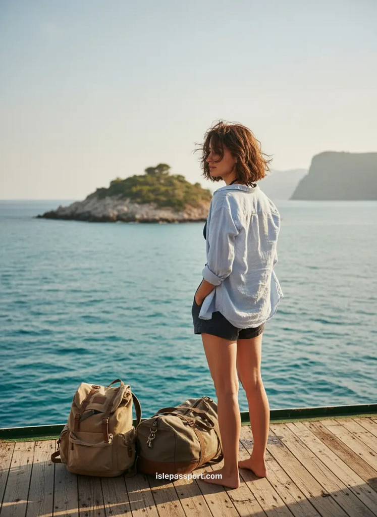 Uncrowded Mediterranean islands – woman traveling between small Italian and Spanish islands by ferry.