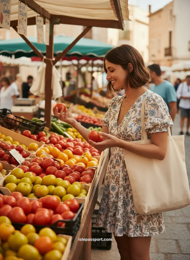 Traveler buying produce at a small local market on an uncrowded Mediterranean island.