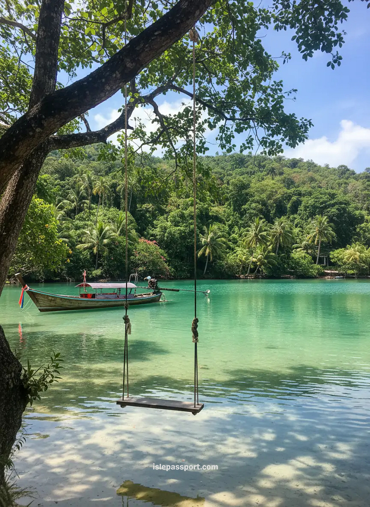 Wooden swing over turquoise lagoon water in Koh Samui, Thailand