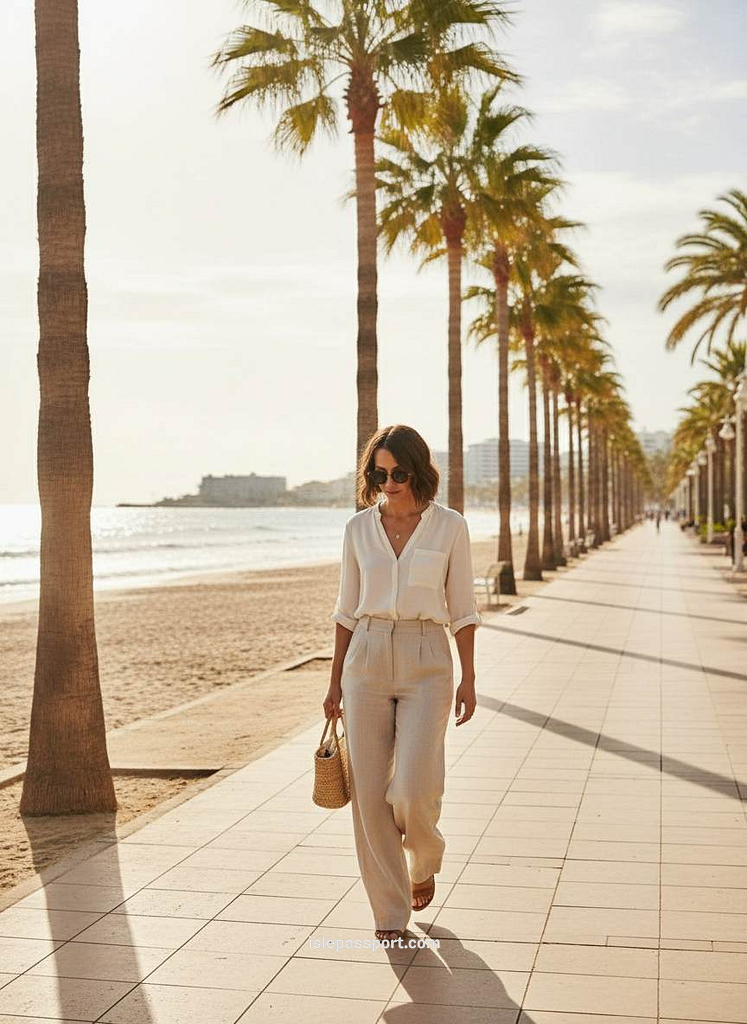 Woman walking along palm-lined promenade in Marbella on Costa del Sol, Spain.