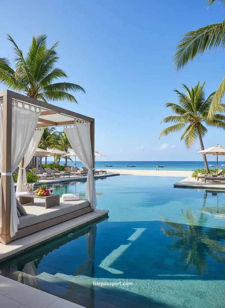 Luxury pool cabana facing turquoise lagoon in Mauritius