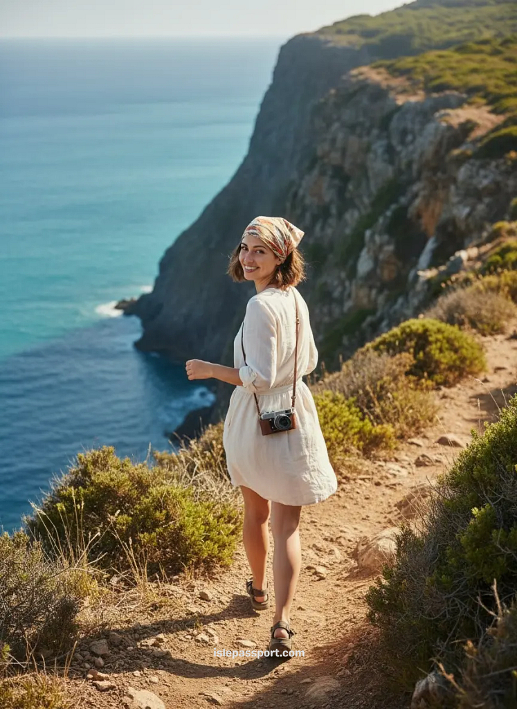 Woman hiking along a quiet coastal trail overlooking turquoise Mediterranean water.