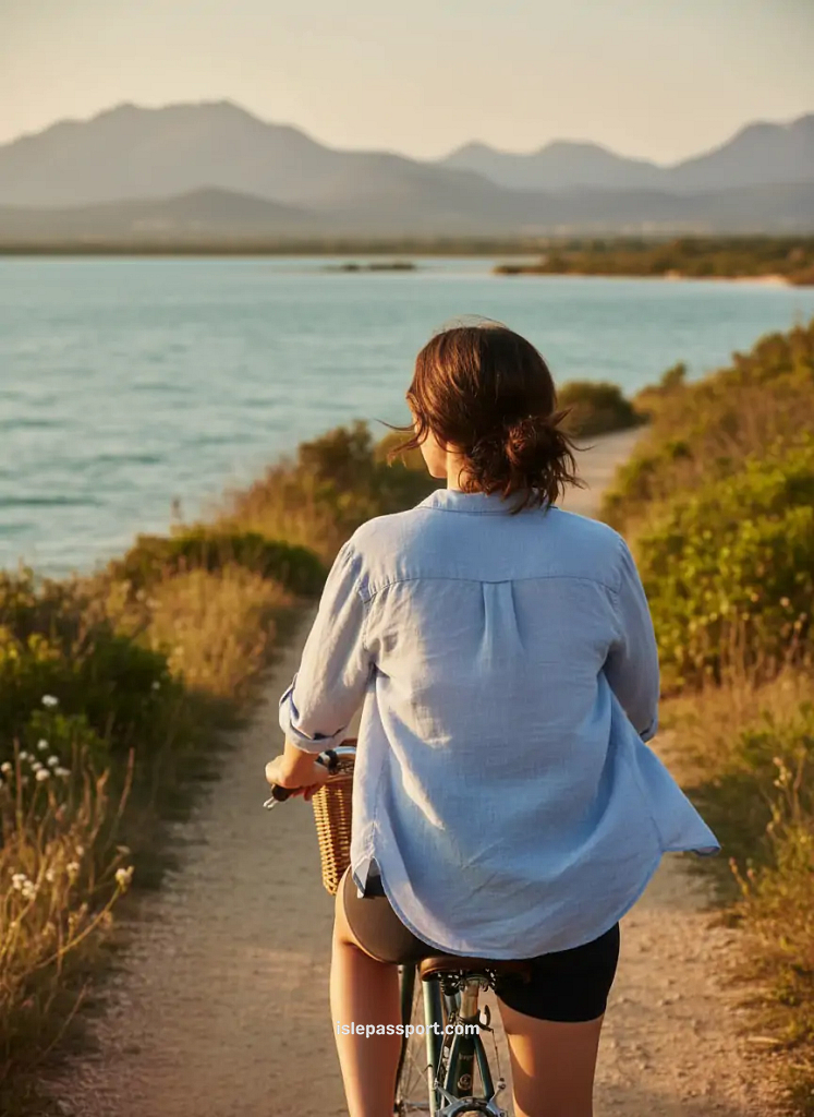 Traveler biking along Orbetello lagoon in soft afternoon light