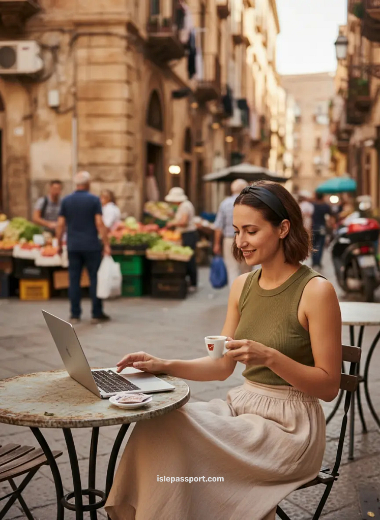 Digital nomad eating Sicilian street food while working on a laptop in Palermo