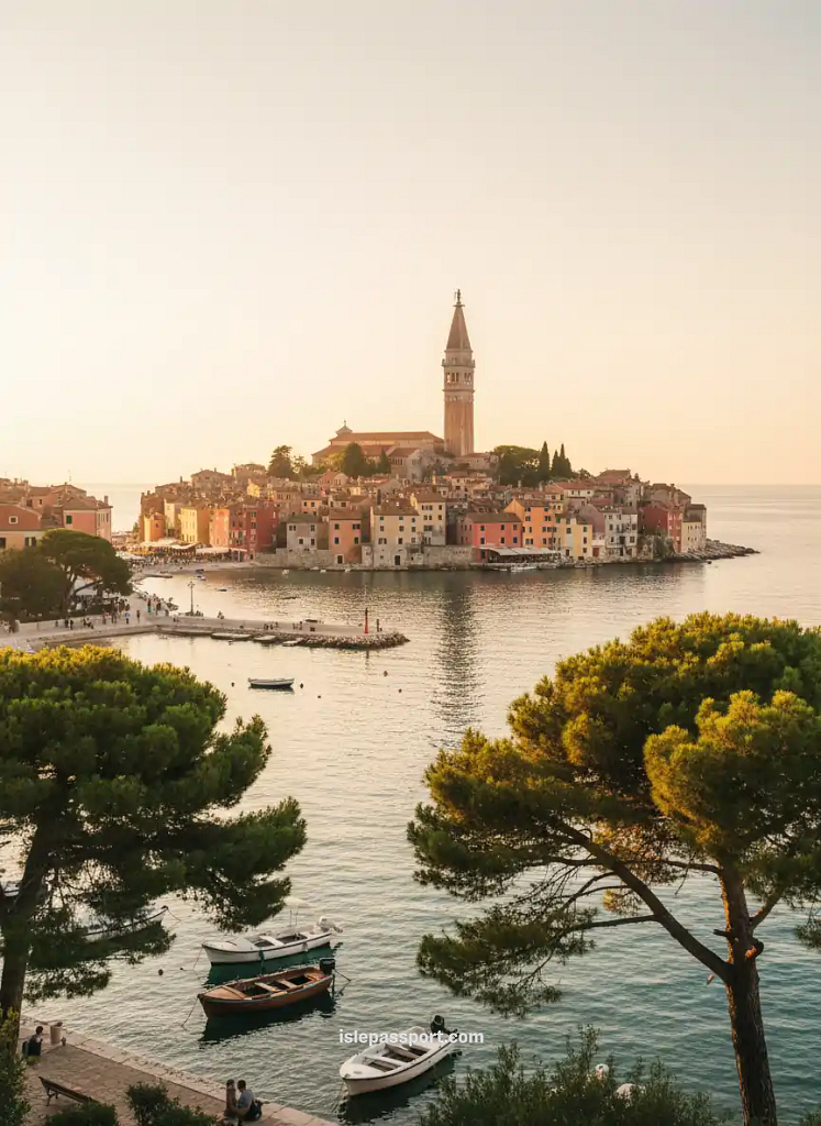 Colorful old town of Rovinj on a peninsula with boats and sea views