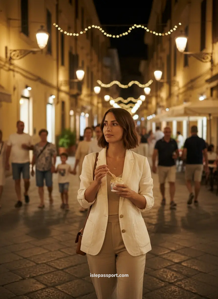 Woman walking through a well-lit street in Salerno Italy at night