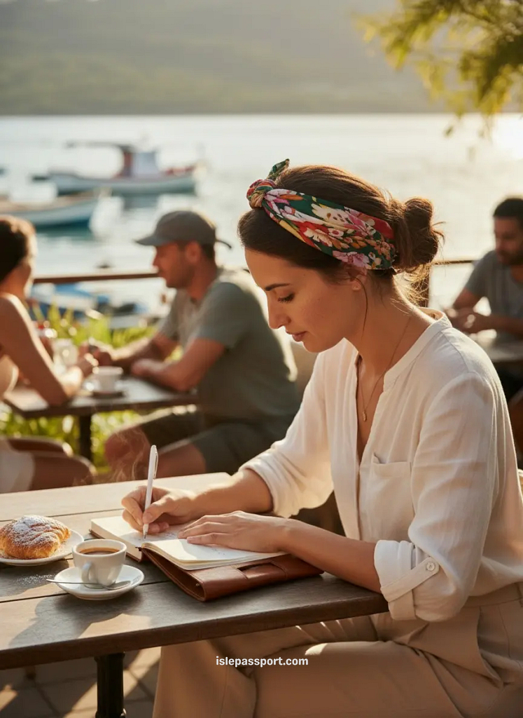Traveler journaling at a small waterfront café on a quiet Mediterranean island.