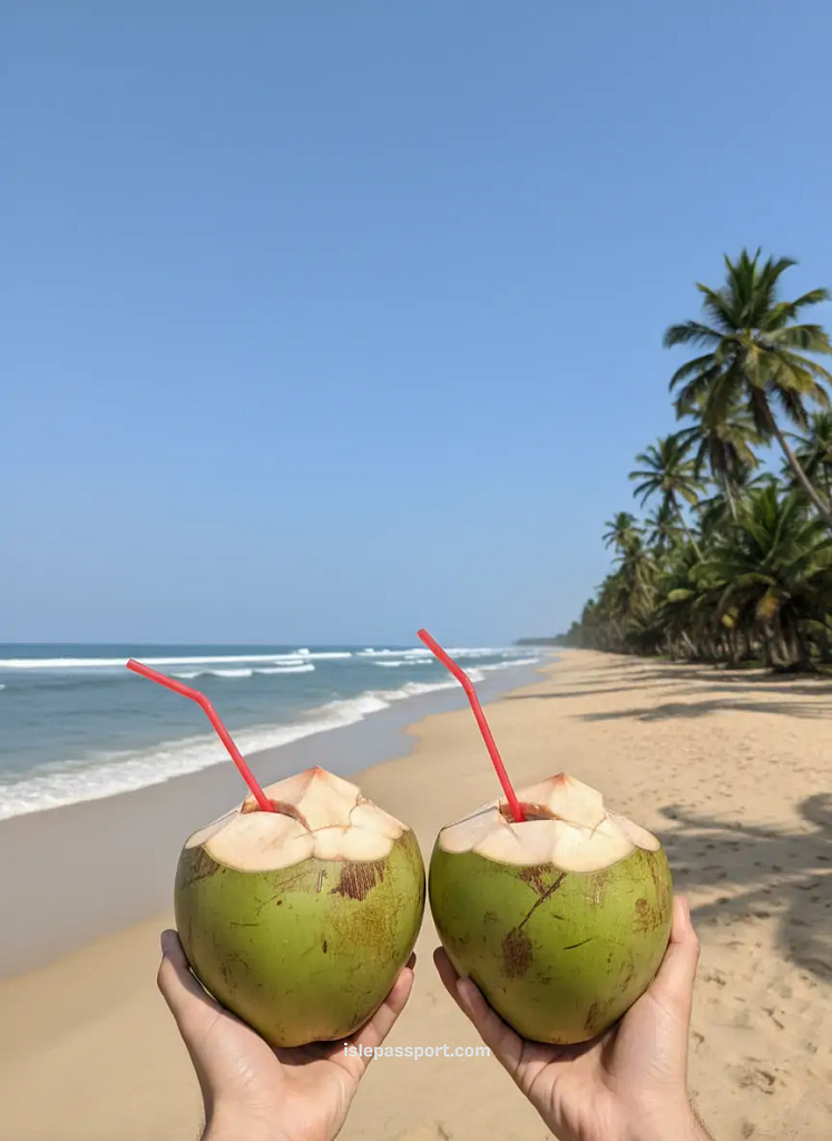 Coconuts held up on a quiet beach in Tangalle, Sri Lanka with palm trees and waves