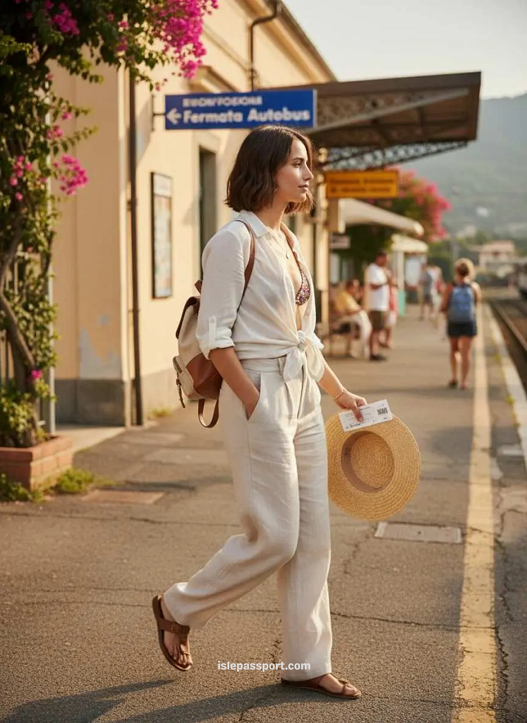 Woman walking through a small Italian station during a beach day trip from Venice.