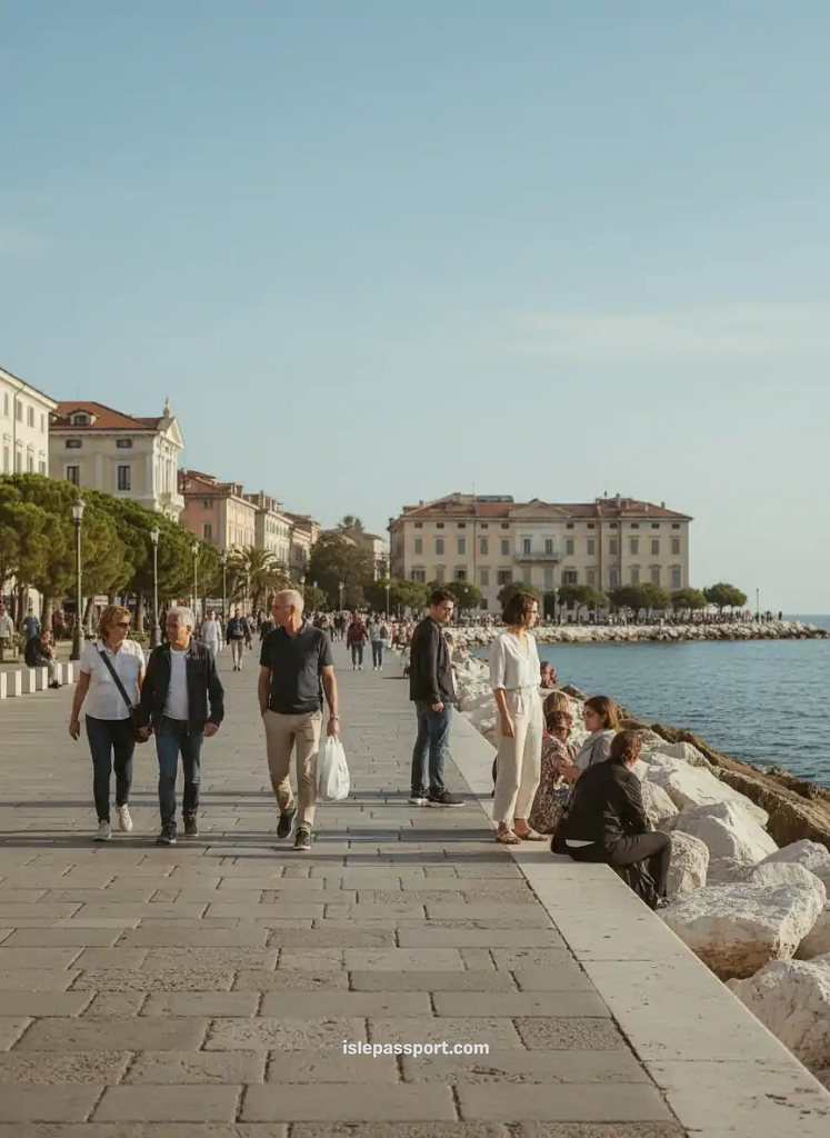 Coastal waterfront promenade in Trieste Italy with people walking along the sea