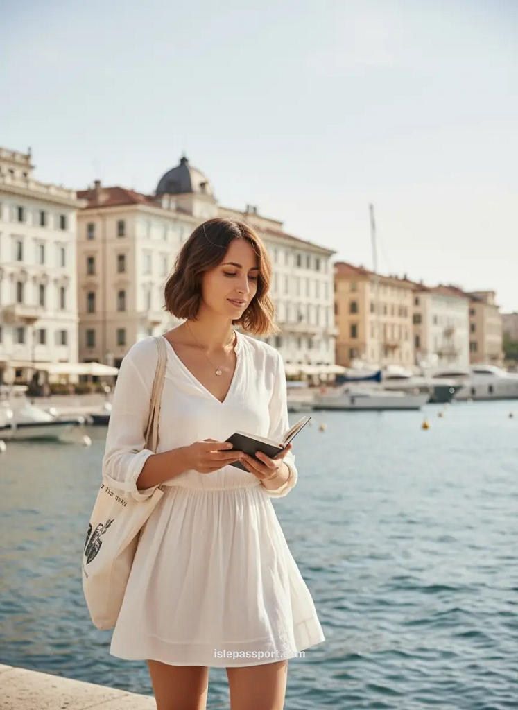 Woman walking along the waterfront in Trieste Italy with sea and historic buildings