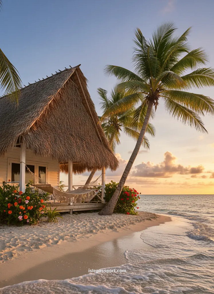 Cozy beach bungalow at sunset for tropical getaway ideas