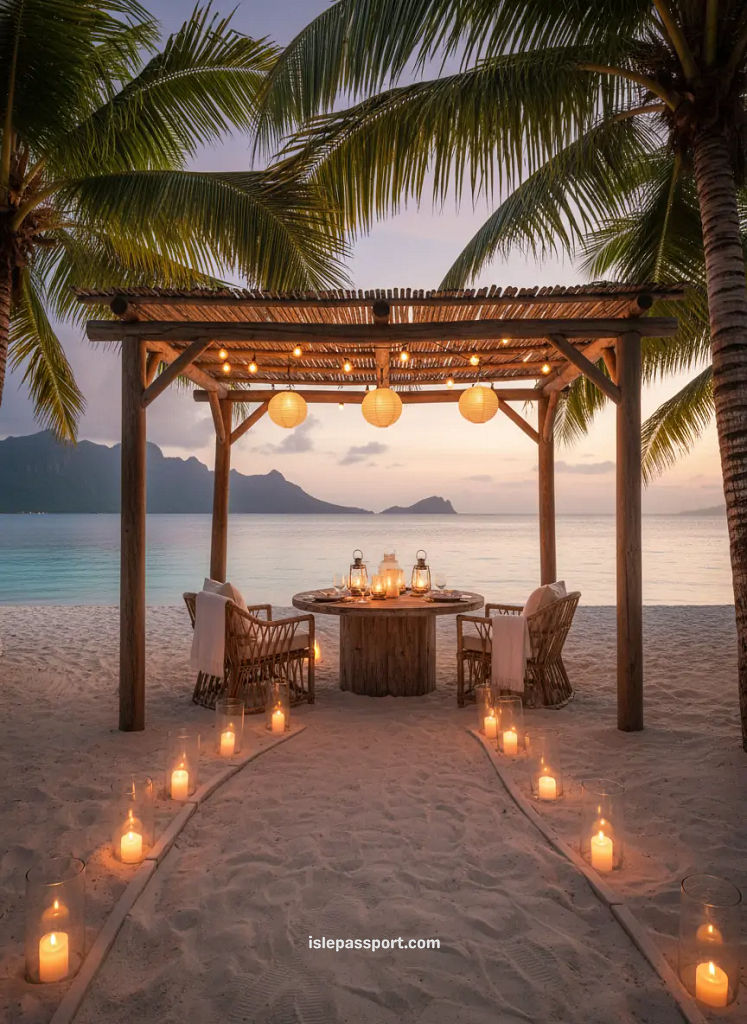Romantic beach lantern dinner setup at sunset, perfect for tropical getaway ideas