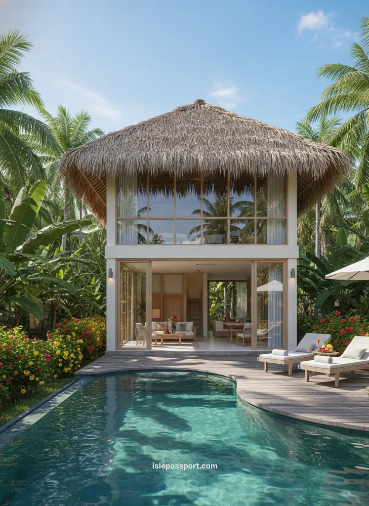 Tropical villa with private pool showing hotels in Philippines near island hopping destinations.