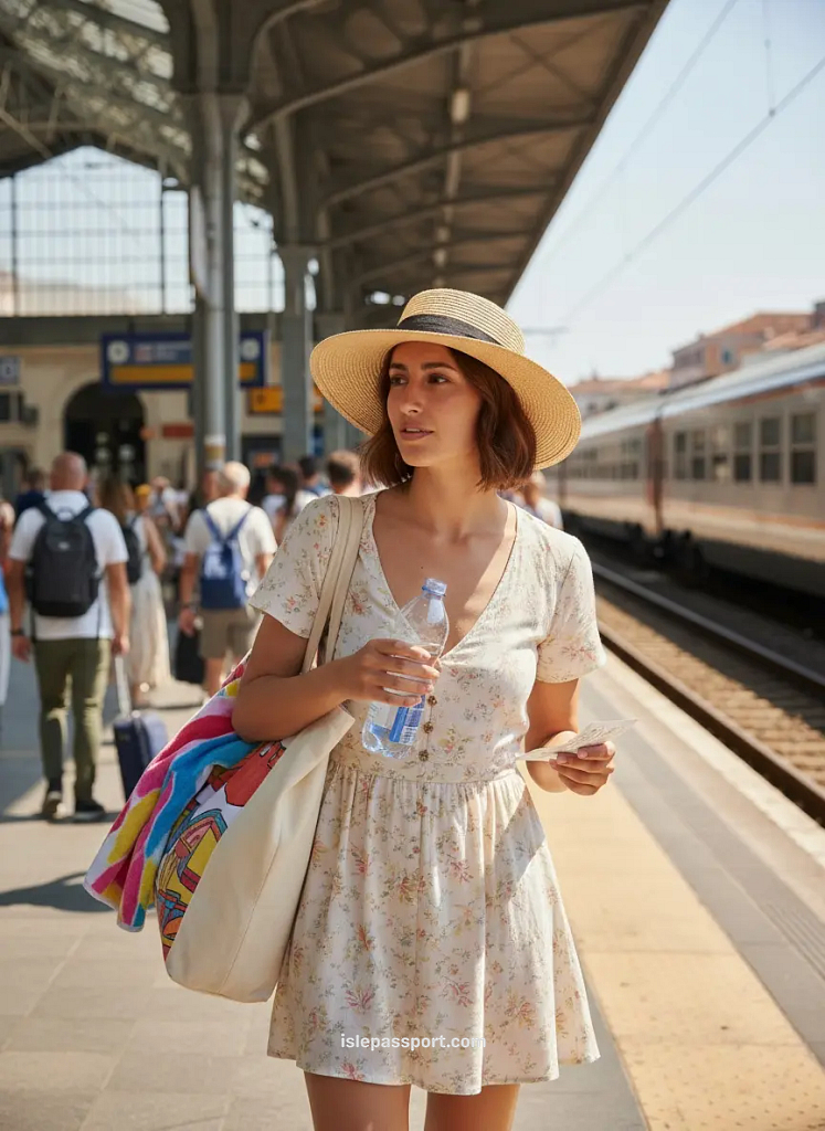 Woman walking with a beach bag on the train platform at Venezia Santa Lucia station for a day trip to the beach towns near venice.
