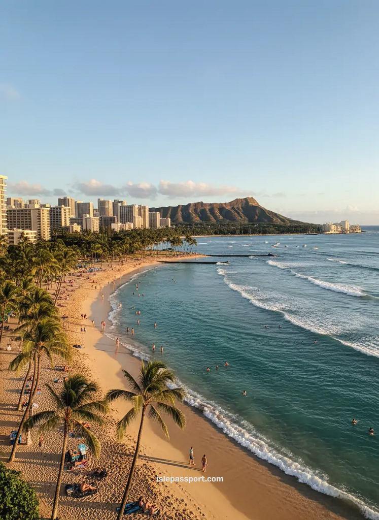 Waikiki Beach with Diamond Head and palm trees on a sunny Hawaiian day