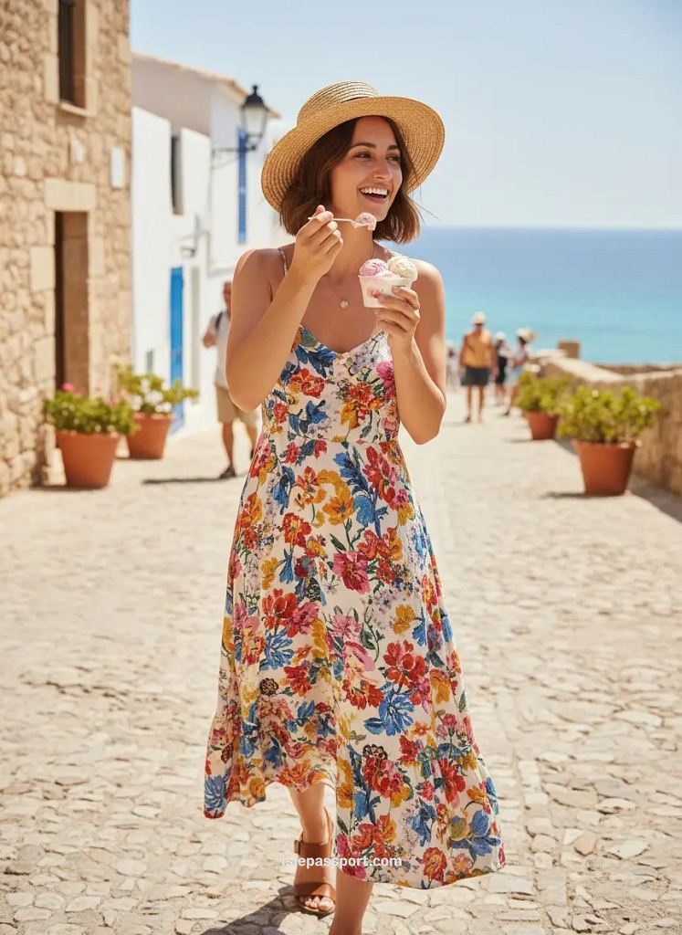 Woman in a sundress eating gelato while exploring Tabarca.