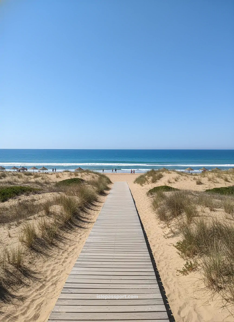 Wooden boardwalk leading to the turquoise Atlantic at La Barrosa Beach in Chiclana, one of the best beach towns in southern Spain.