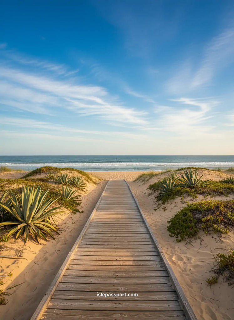 Wooden boardwalk leading to turquoise Atlantic waters in Conil, one of the best beach towns in southern Spain