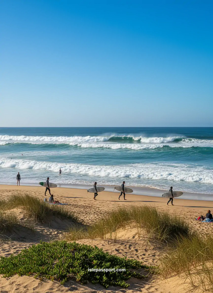Surfers walking along the shore at El Palmar beach with rolling Atlantic waves, one of the best beach towns in southern Spain
