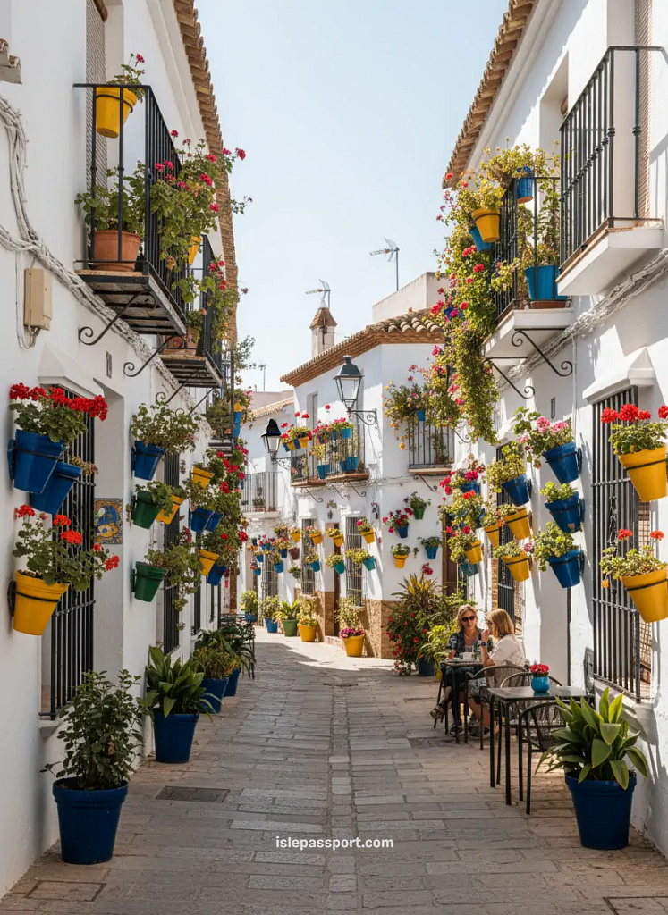 Colorful flower-filled street in Estepona with white Andalusian houses, one of the best beach towns in southern Spain