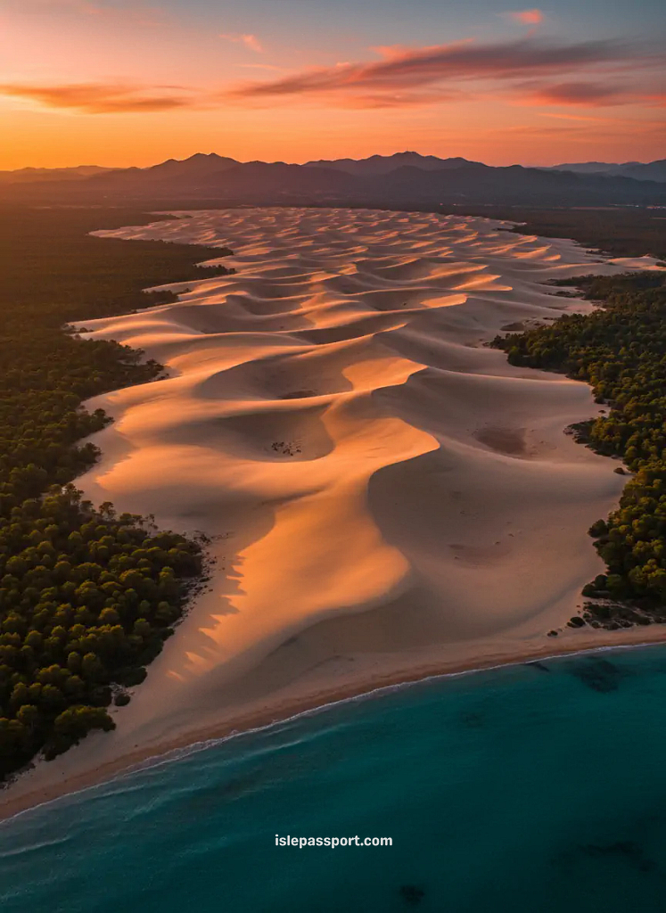 Aerial view of the golden sand dunes and emerald coastline of Tarifa at sunset, one of the best beach towns in southern Spain