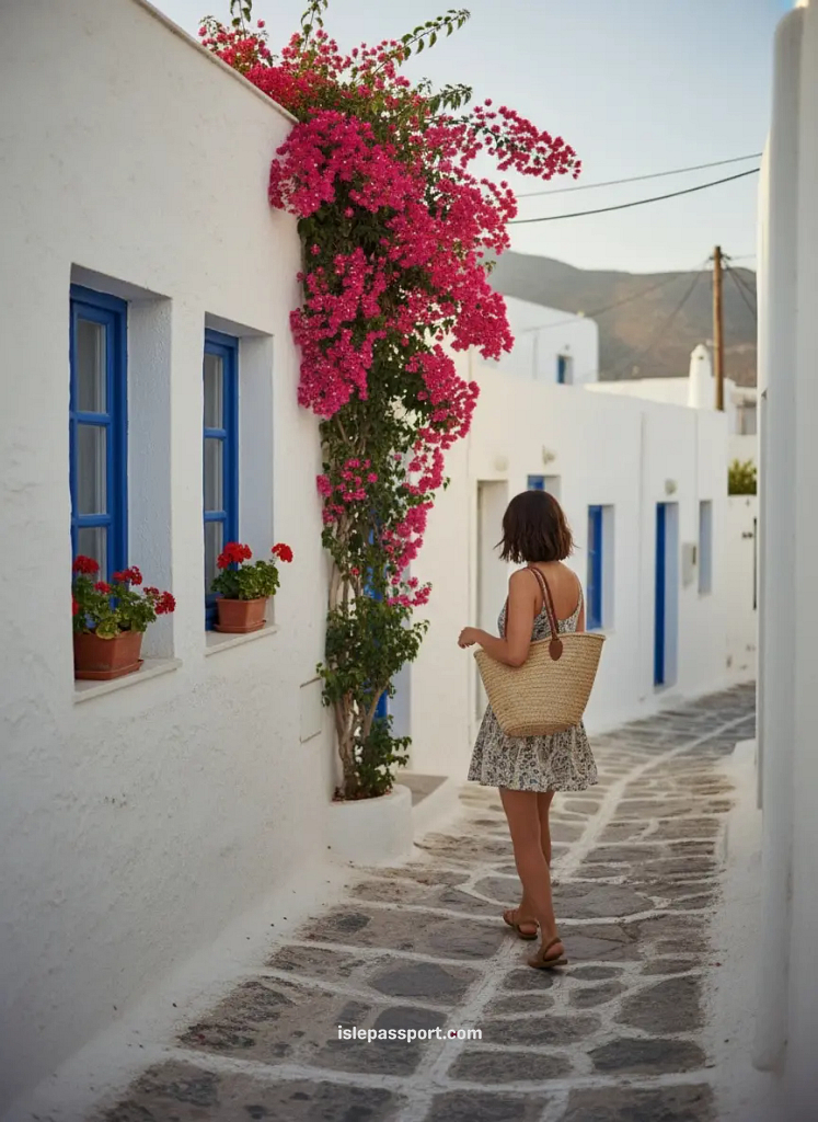 White Cycladic village street with bougainvillea flowers on a classic Cyclades island hopping itinerary