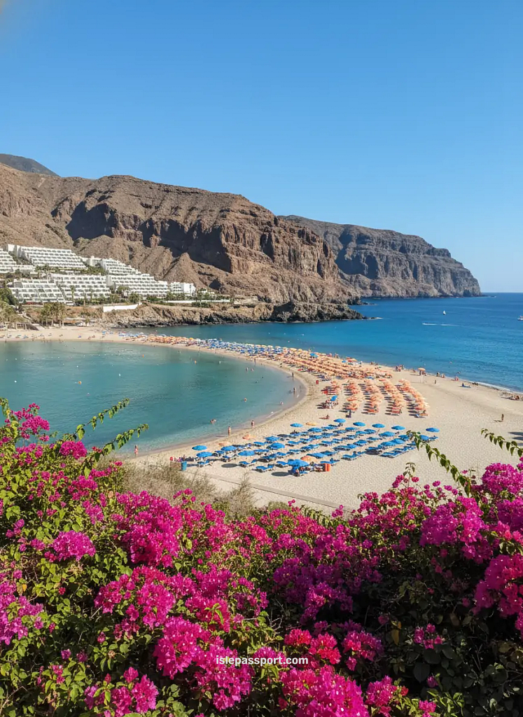 Gran Canaria beach in winter with turquoise water and swimmers enjoying warm Canary Islands weather